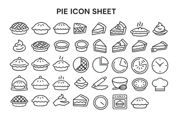 Pie Icon Sheet: A comprehensive collection of pie icons, showcasing various styles and perspectives, ideal for bakery websites, cookbooks, or any baking-related project. 