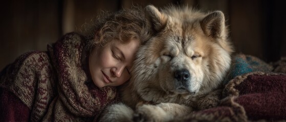 Intimate bond akita dog and person cozy in earthy textures