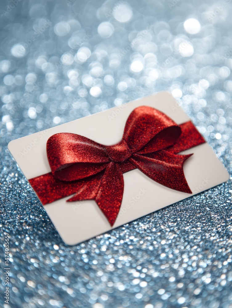 Poster glossy gift card decorated with a metallic bow on a sparkly surface captures a festive moment perfec