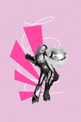 3D collage design composite trend artwork sketch of retro young lady discoball party carefree event...