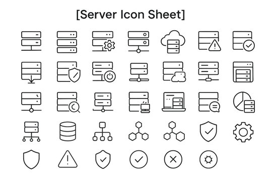 Server Icon Sheet: A comprehensive collection of neatly designed server icons, offering a visual guide to essential server functions, security protocols, and network infrastructure elements.