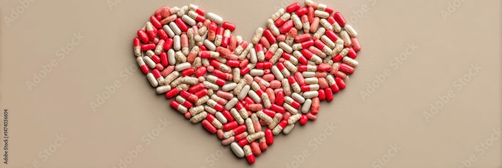 Poster Heart Shape Created Using Colorful Capsules on a Neutral Background Showcasing a Unique Artistic Arrangement of Pharmaceutical Items