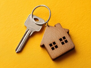 Minimal Wooden House Keyring with Silver Key on Yellow Surface, Cozy New Home Gift or Housewarming Decor Concept for Real Estate Marketing, Selective Focus..