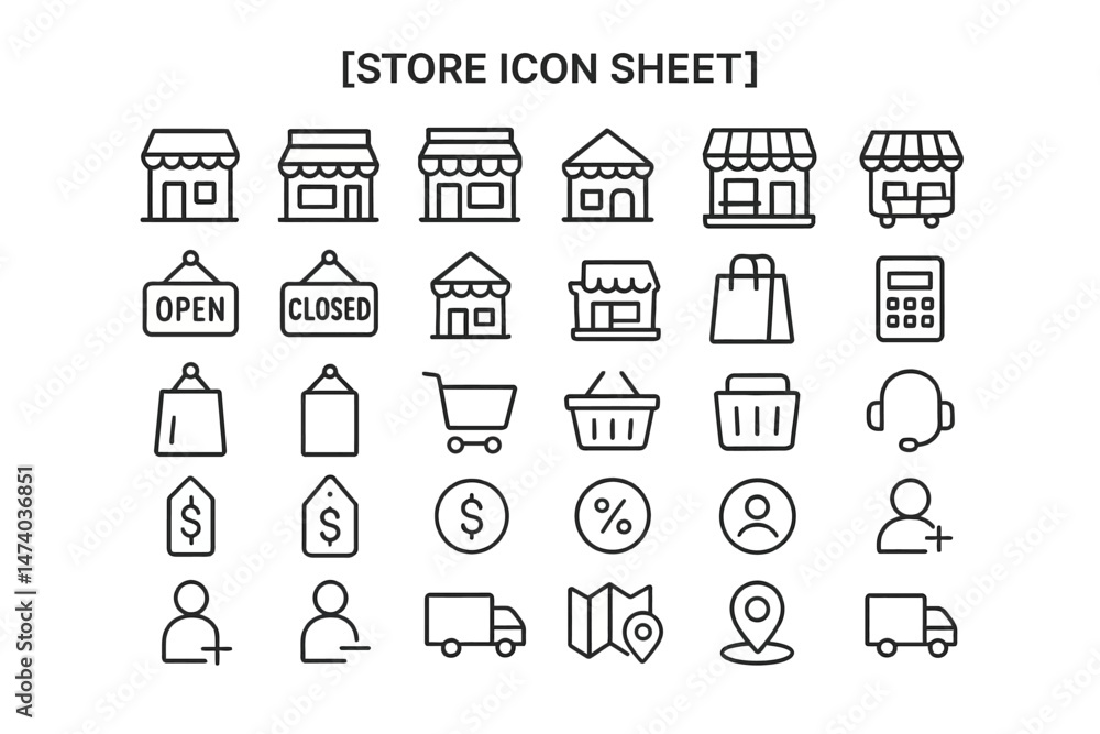 Poster digital storefront: a curated collection of vector icons, designed to represent various aspects of a