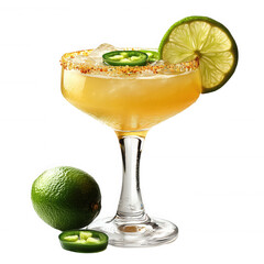 Spicy margarita cocktail recipe with jalapeño and lime on black background on transparent background