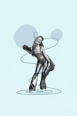 Image pop collage of person stand on blue color background with drawing round