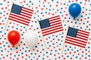 Obraz premium USA flags and red, white, blue balloons on dotted background. Flat lay patriotic decoration for Independence Day or Memorial Day