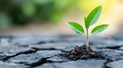 Small green plant emerges from cracked soil, symbolizing resilience and growth in challenging conditions