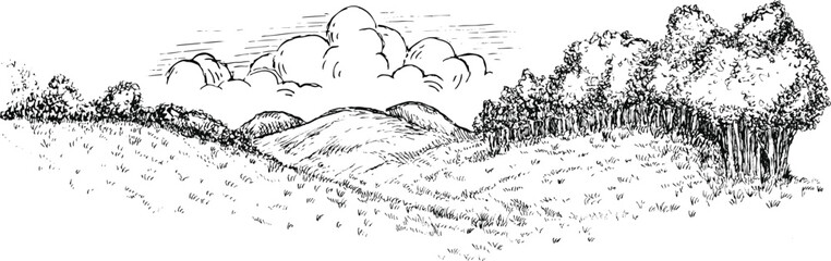 Rural nature landscape with hills grass field and trees in monochrome sketch style. Hand drawn vintage panoramic vector illustration.