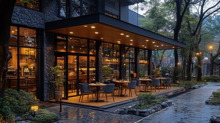 Fototapeta premium Modern Outdoor Restaurant with Cozy Ambiance
