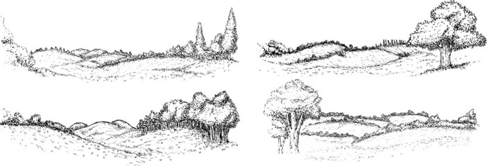 Obraz premium Rural nature landscape with hills grass field and trees in monochrome sketch style. Hand drawn vintage panoramic vector illustration.