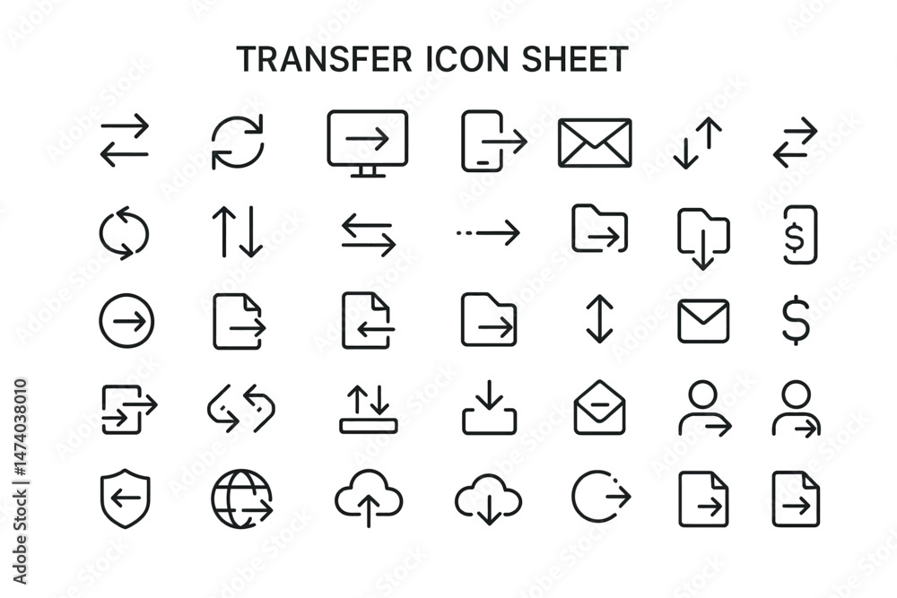 Poster transfer icons: a comprehensive set of 30 transfer icons, featuring line art symbols that represent 