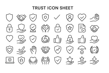 Trust Icon Sheet: A comprehensive collection of line icons representing trust, security, and reliability. Perfect for websites, apps.