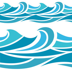 Seamless stylized vector wave set with dynamic curved lines in bright blue. Suitable for marine themes, posters, branding, and digital design requiring strong fluid motion.
