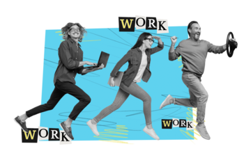 Artwork collage picture of black white gamma people running work hold use netbook auto wheel isolated on beige background