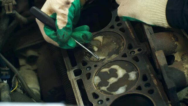 Professional mechanic carefully removing old gasket material from cylinder head surface, meticulously preparing precision surface for new gasket installation during automotive repair process