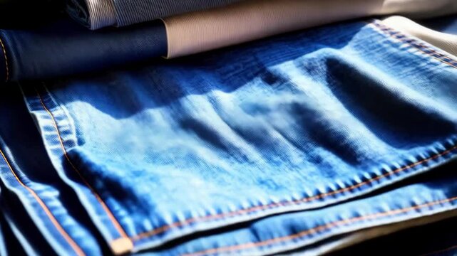 Close up of a neatly folded stack of blue and beige denim jeans displayed in a textured horizontal arrangement, showing details of the fabric