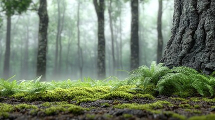 A close-up of the base of a large ancient tree in a forest with ferns and misty tall trees in the background.