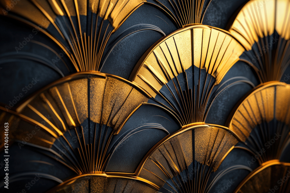 Poster gold fan pattern. an art deco-inspired design featuring repeating fan shapes in gold and dark blue, 