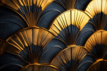 Gold Fan Pattern. An Art Deco-inspired design featuring repeating fan shapes in gold and dark blue, creating a rich and opulent pattern.