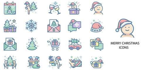 Christmas simple concept 24 hand drawn color icons set. Contains such Christmas decoration, holiday - event .Vector illustration.