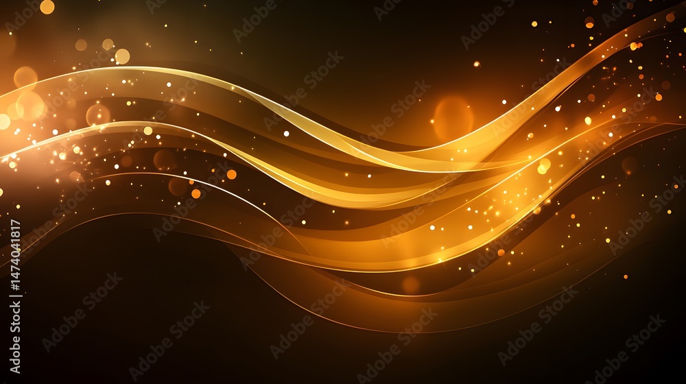 Poster abstract design with gold wavy lines and glittering particles.