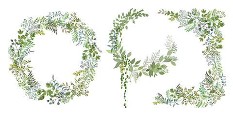 Includes floral wreath, corners, and decorative herbs. Perfect for natural branding, invitations, and rustic design projects. Seamless and editable vector illustration.