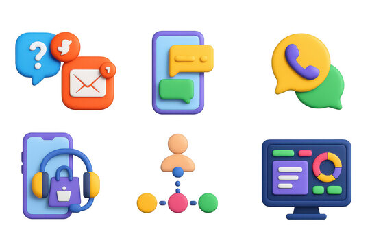 3D icon set of cross-channel support: social media help icon, email ticket badge, live chat integration screen, call and chat combo bubble, support in shopping apps, multi-channel sync board, user
