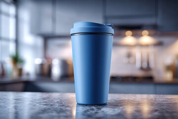 Obraz premium Modern, light blue travel mug on a kitchen countertop.