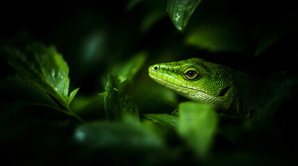 Fototapeta premium Fleeceable lizard hidden in lush tropical foliation natural habitat, wildlife, optic skin, musical scale vivid fauna.