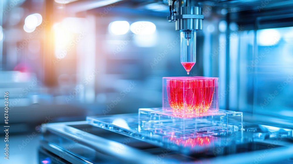 Poster futuristic bioprinting technology in action, showcasing precision nozzle dispensing vibrant red subs