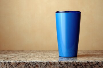 A vibrant blue tumbler rests on a granite surface.