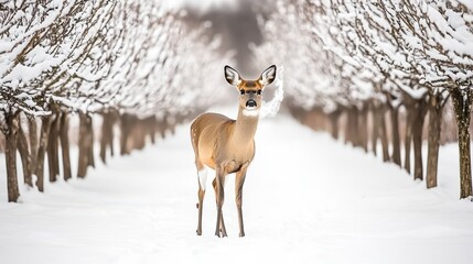Fototapeta premium Serene Winter Scene With Deer Standing Amid Snow-Covered Orchard Trees In A Calm and Tranquil Landscape