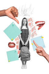 Photo collage artwork of stressed depressed lady getting hate massages isolated green color...