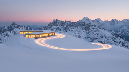 Mountaintop building with snowy road, and twilight.