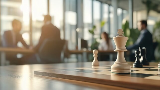 A chessboard with chess pieces on a table in an office scene where people in suits are meeting.