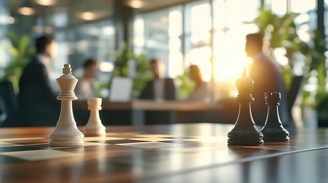 A chessboard with chess pieces on a table in an office scene where people in suits are meeting.