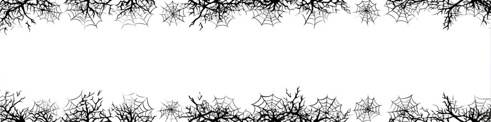 Spiderwebs and branches creating a spooky halloween border on white background