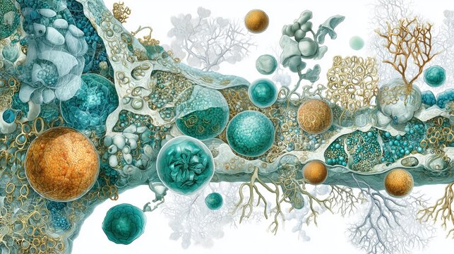 medical illustration showing detailed pathophysiological cascade of scleroderma from triggering factors through immune activation to fibrosis, cellular and molecular components precisely rendered
