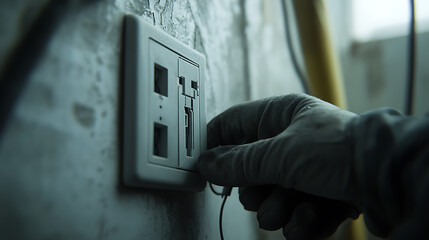 Hand in Glove Plugging Cable into Wall Socket