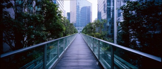Fototapeta premium A bridge flanked by lush greenery leads the eye towards towering skyscrapers, blending nature and urban modernity.