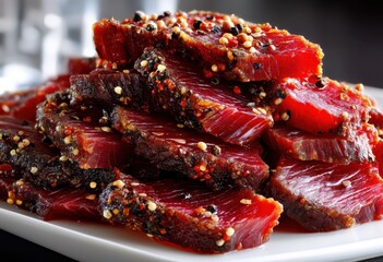 Deliciously Spiced Jerky Slices Displayed on a White Plate, Capturing the Rich Color and Texture of the Savory Meat Snack, Perfect for Culinary Inspiration