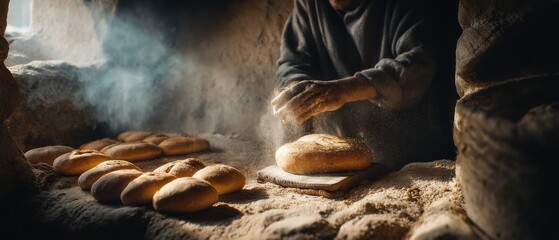 In a rustic kitchen, a baker&rsquo;s hands carefully work dough, flanked by freshly baked golden brown bread, bathed in soft morning light.