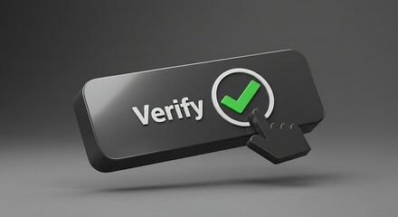 Hand pressing a verify button with a green check mark. Secure online identity verification and data protection concept. Digital technology security.