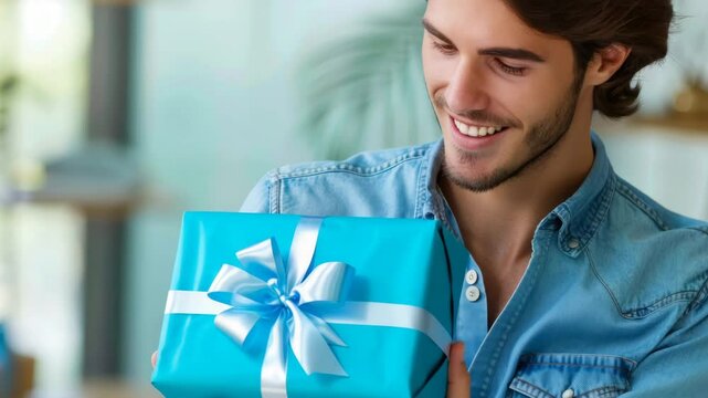 Experience the essence of happiness with this lively image of a young man joyfully presenting a gift. Perfect for themes of celebration, love, and generosity in your projects.