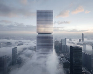 Modern skyscraper over city clouds