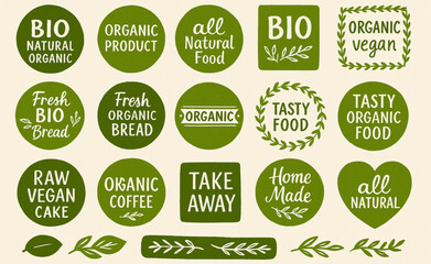 A collection of green hand-drawn labels in various shapes on a soft beige background