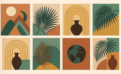 collection of mid-century modern minimalist illustrations paired in a crisp grid layout.