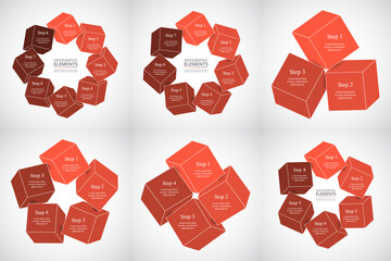 Set of red infographic templates with 3, 4, 5, 6, 7 and 8 options, parts or processes.