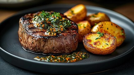 Juicy grilled steak with roasted baby potatoes and rosemary on a black plate.